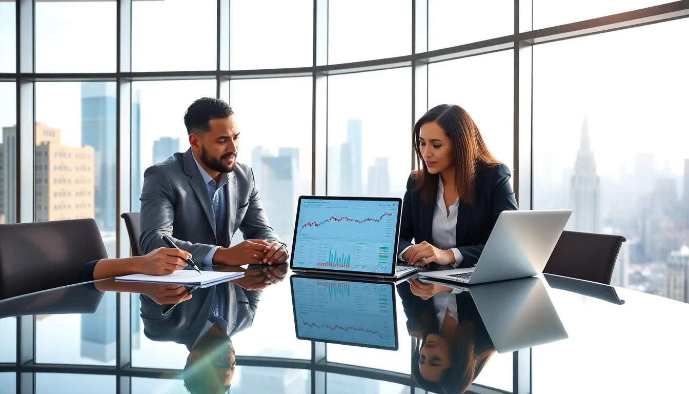 diverse team discussing stock market strategies in a modern office.
