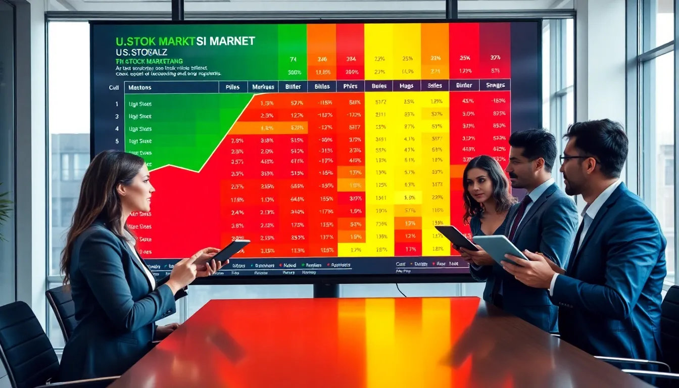 diverse professionals analyzing a vibrant stock market heat map in a modern office.
