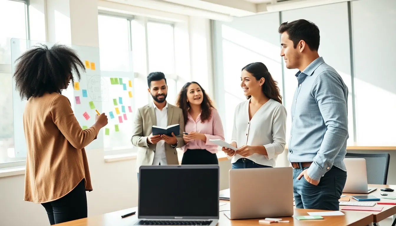 diverse professionals brainstorming in a modern office setting.