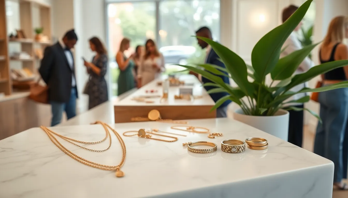 diverse group enjoying sustainable jewelry in a modern boutique.