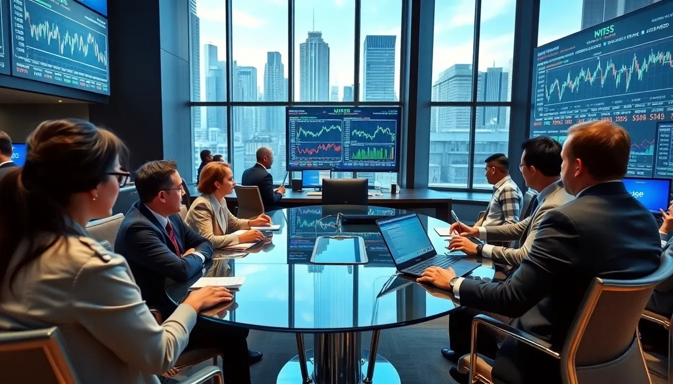 traders collaborating on a busy stock market floor.