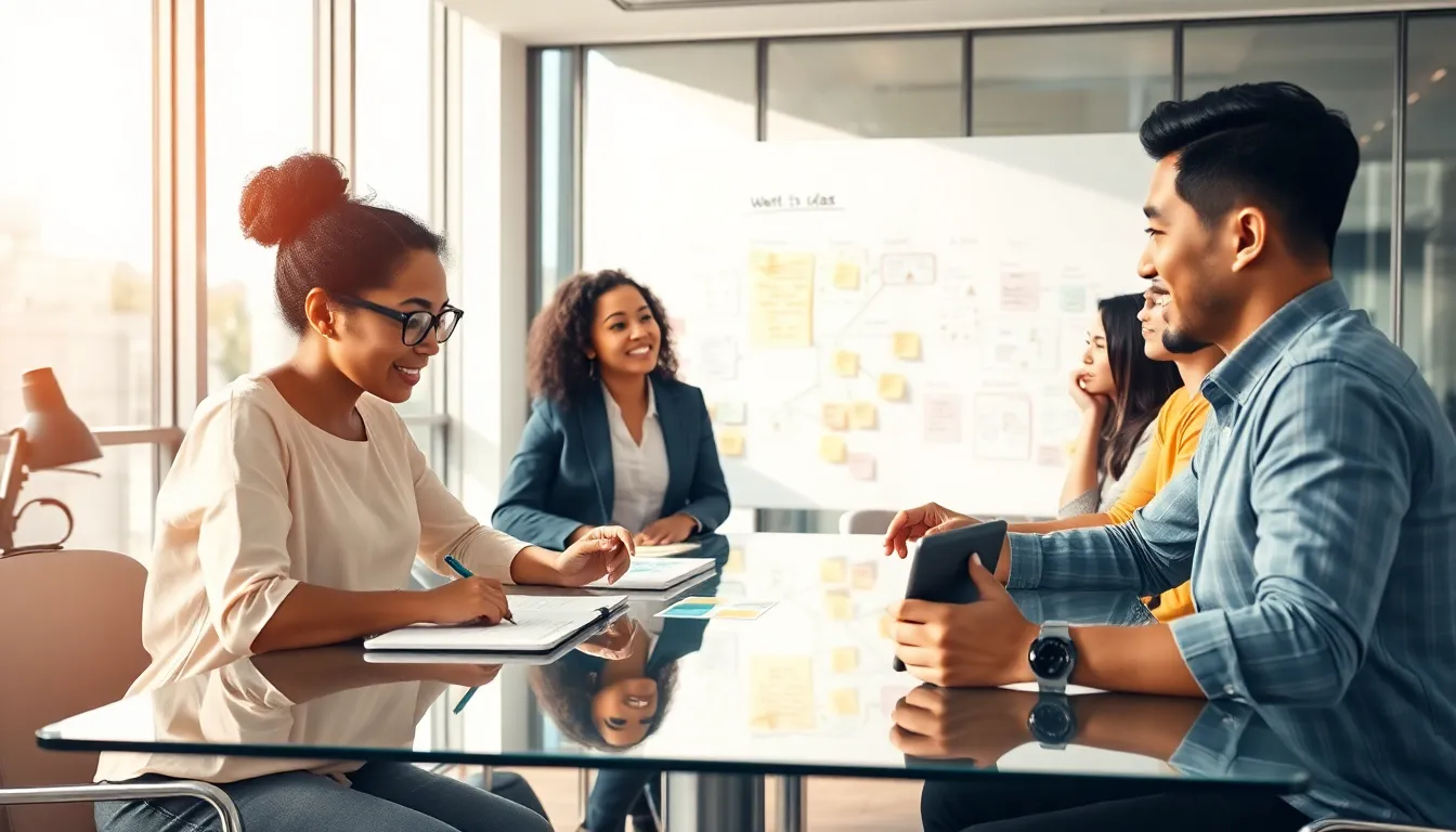 diverse team brainstorming ideas in a modern office.